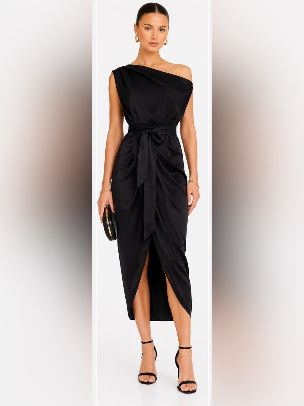 RNWY Black Asymmetrical Wrap Midi Dress – Size Small